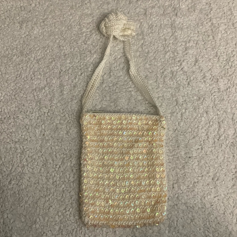White / Pearly Colored Mini Crochet and Sequin Bag